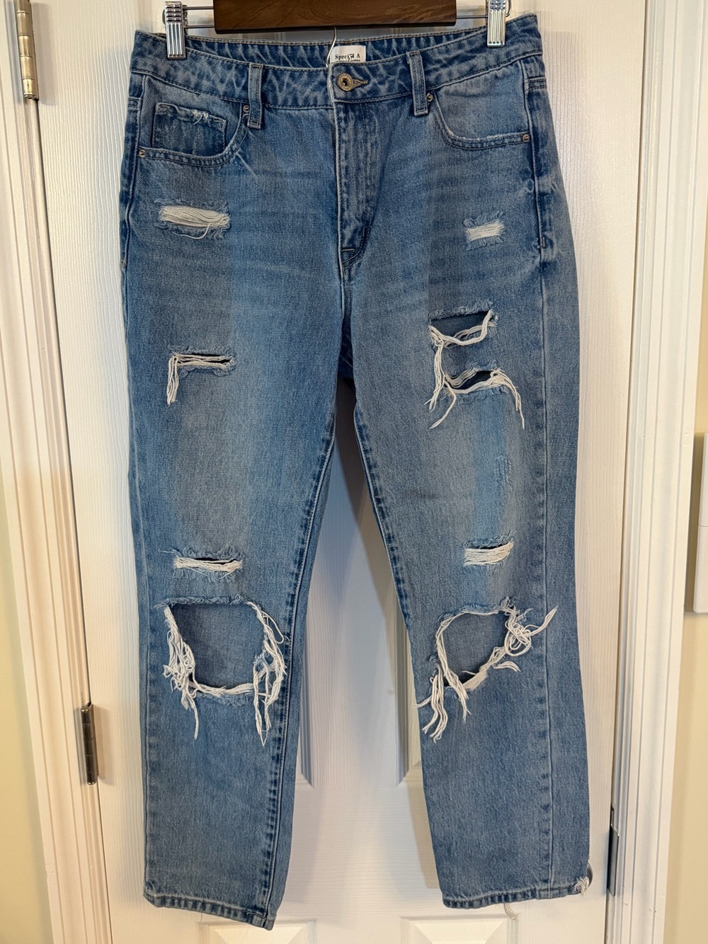 Special A Distressed Boyfriend Jeans Size 7 Light Wash 100% Cotton Ripped Denim
